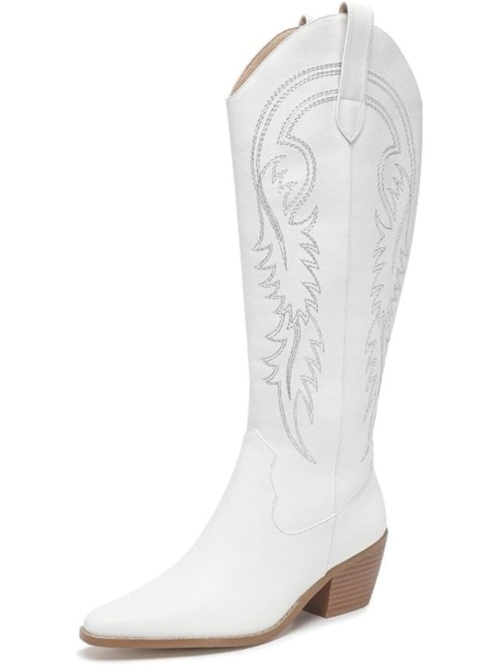 Women's White Pointed Toe Western Cowgirl Knee High Boots Pull On With Zipper